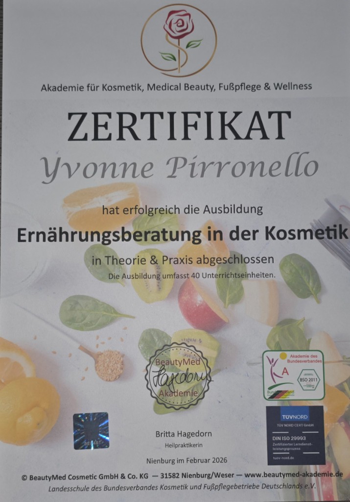 Zertifikat Ernährungsberatung in der Kosmetik Yvonne Pirronello
